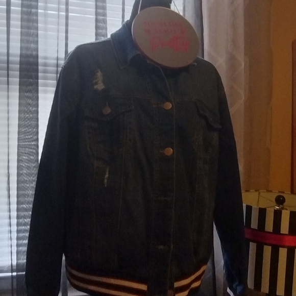 Dollhouse Blue Denim Jacket with Striped Cuffs - Picture 2 of 7